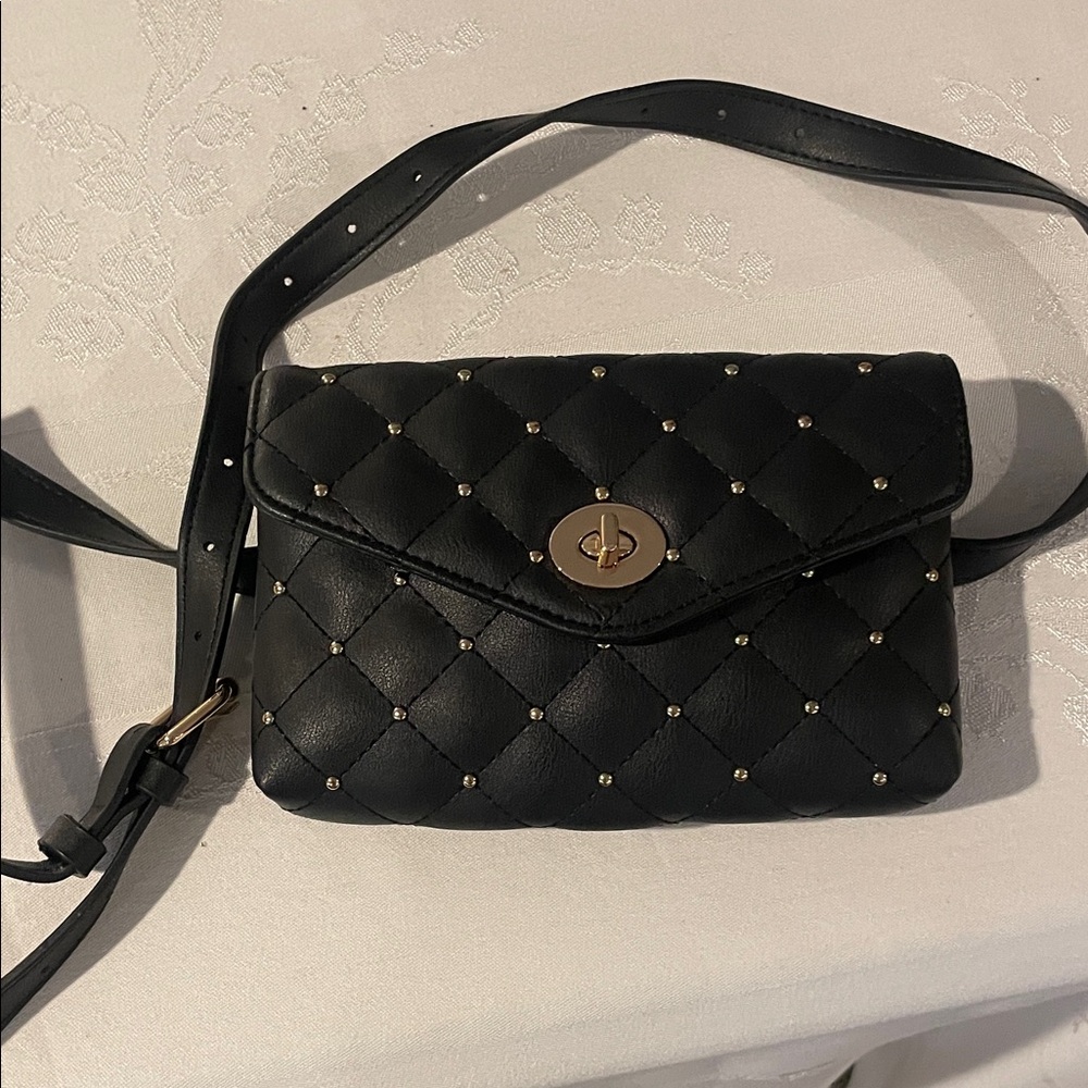 JustFab Black Quilted Crossbody with Gold Studs